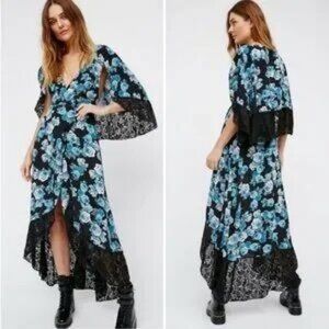 Free People Blue Midnight Floral Lace Trim Cape Wrap Silhouette Maxi Dress